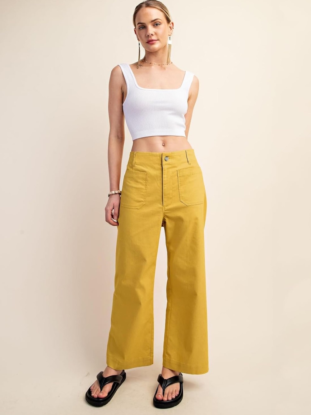Wide Leg High-Rise Cotton Pants in Mustard